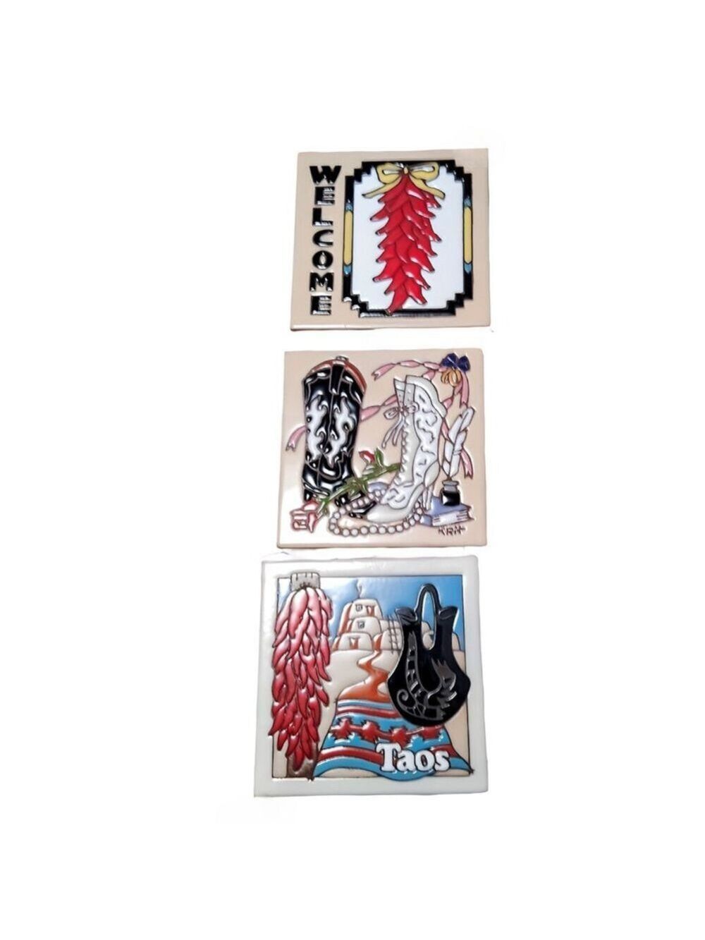 Vintage Masterworks Earthtones Ceramic Art Tiles Boots, Peppers, Desert Sign